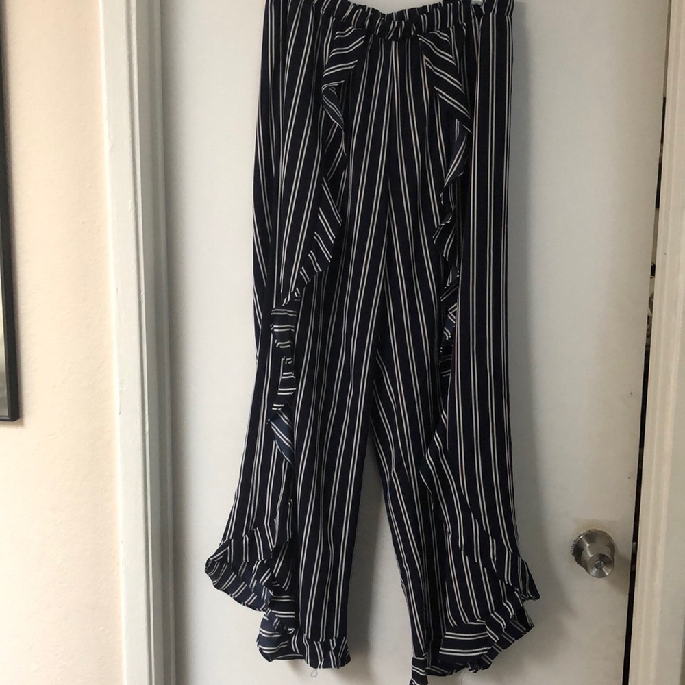 Lounge pants by Greene Envelope. Blue and cream.